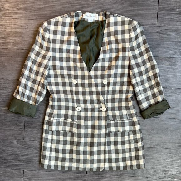 Vtg 80s Jones New York Olive & Cream Check Blazer Oversized Shoulder Pads Size 8 - Picture 1 of 6